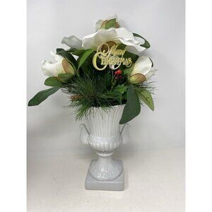 Vintage Christmas Floral Holly Arrangement In White Porcelain Vase Urn 16” Tall